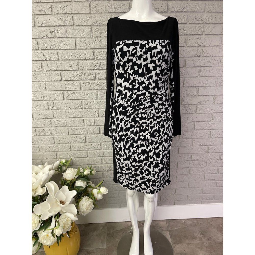 Ralph Lauren Black & White Long Sleeve Abstract Ruche Dress Size 4